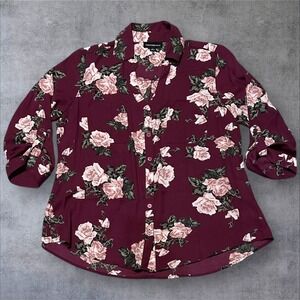 Fortune‎ Ivy Women's Large Burgundy Pink Floral Button Front Blouse